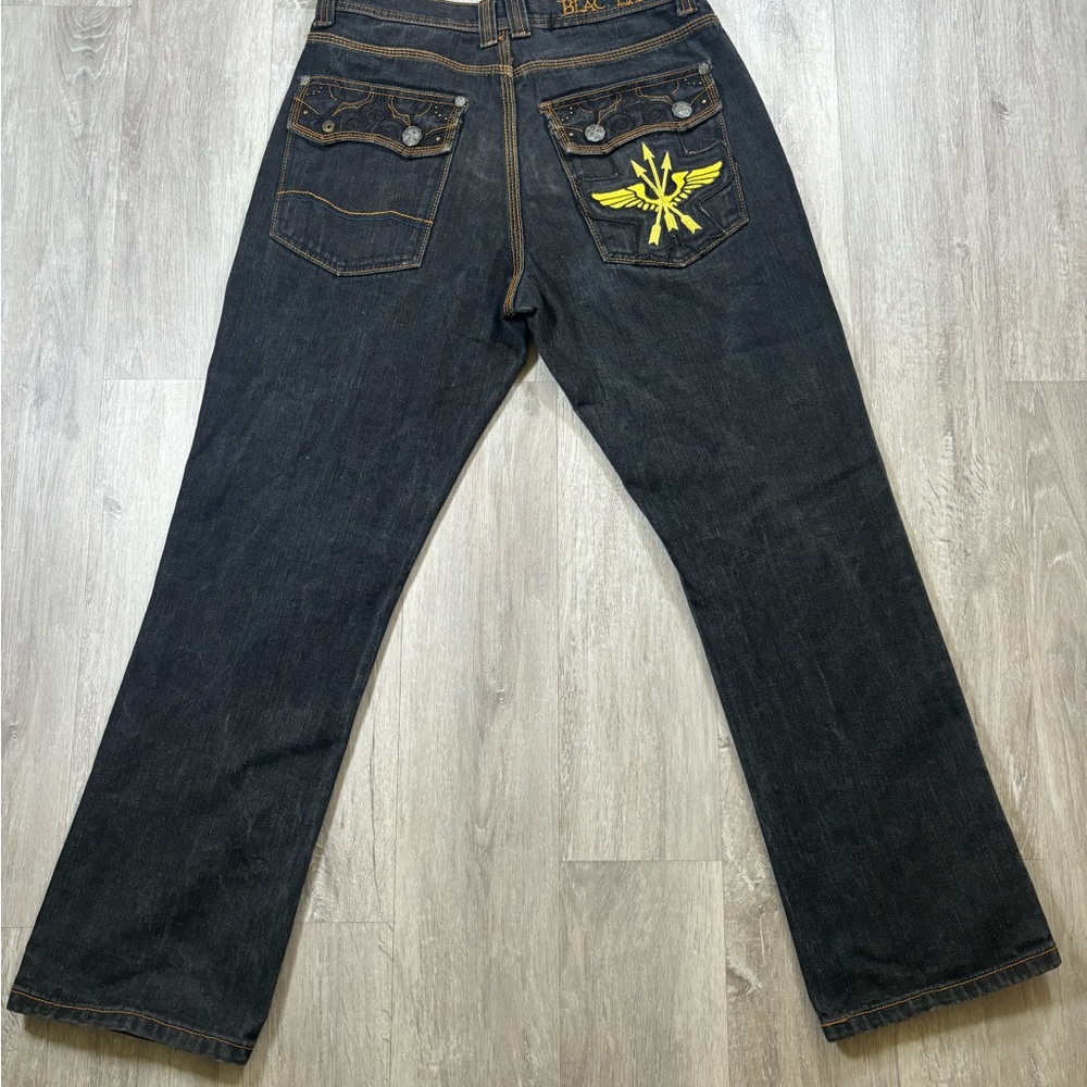 Men's Dark Blue Blac Label Jeans with Yellow and Black Embroidery